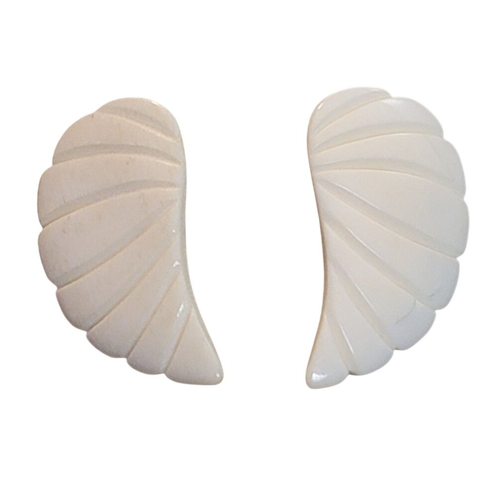 Vintage Celluloid Off White Wing Shaped Vintage Pierced Earrings Stud Backings